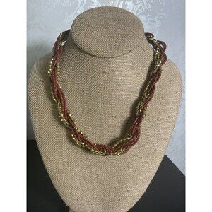 Braided Multi-Strand Necklace With Brown Gold Beads Lobster Clasp Closure